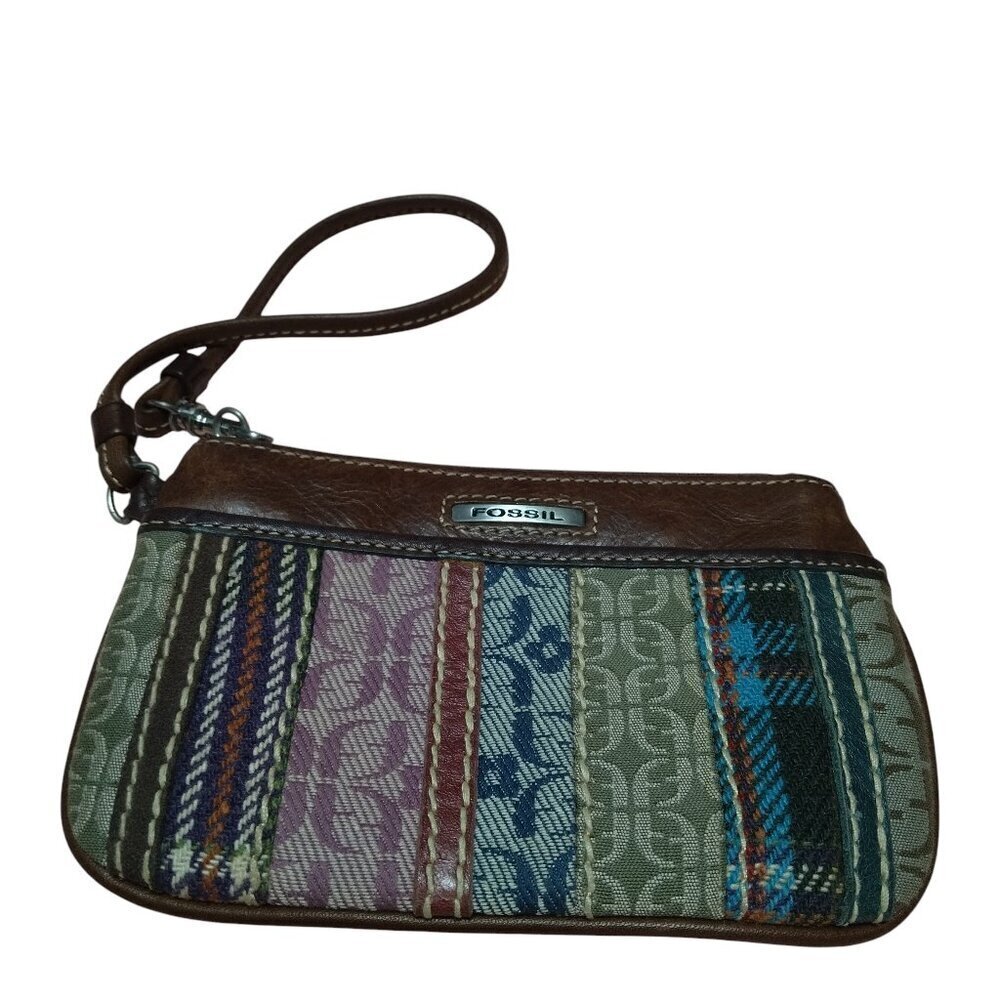 Fossil Wristlet Multicolored Tapestry Logo Zip Closure Boho Striped Colorful